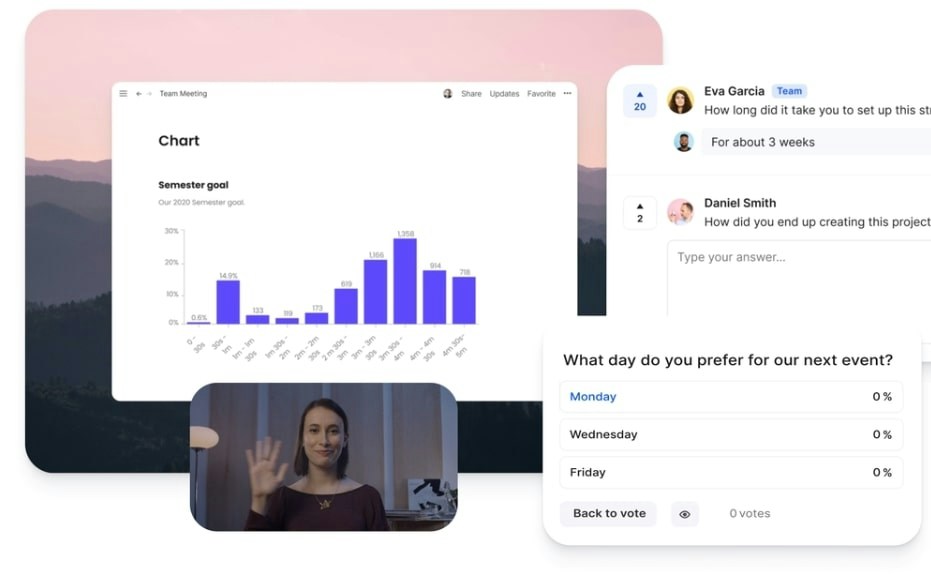 speaker sharing a presentation on screen during a virtual town hall meeting with live chat and poll to the side