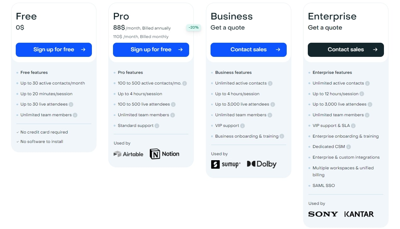 Pricing page for event marketing software, Livestorm.