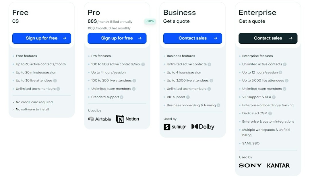 Pricing page for event marketing software, Livestorm.