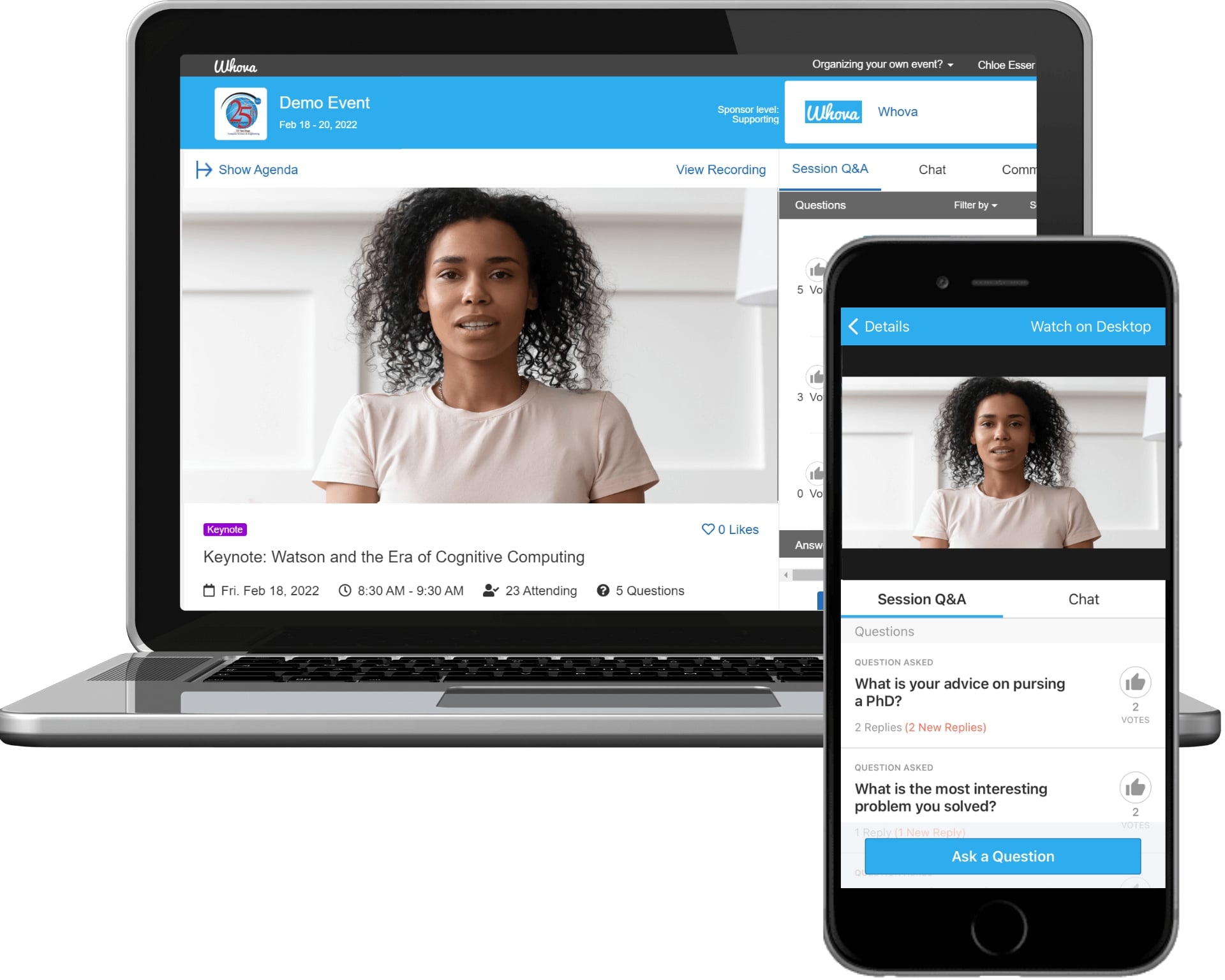 Whova virtual conference viewed on a laptop and the mobile app