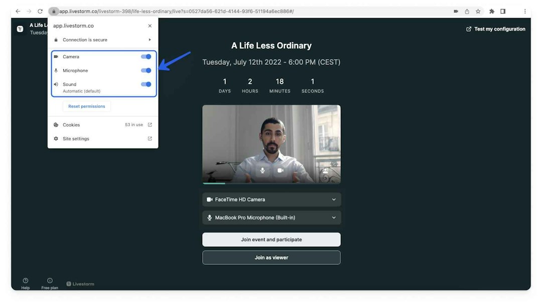 Testing camera and microphone with Livestorm settings