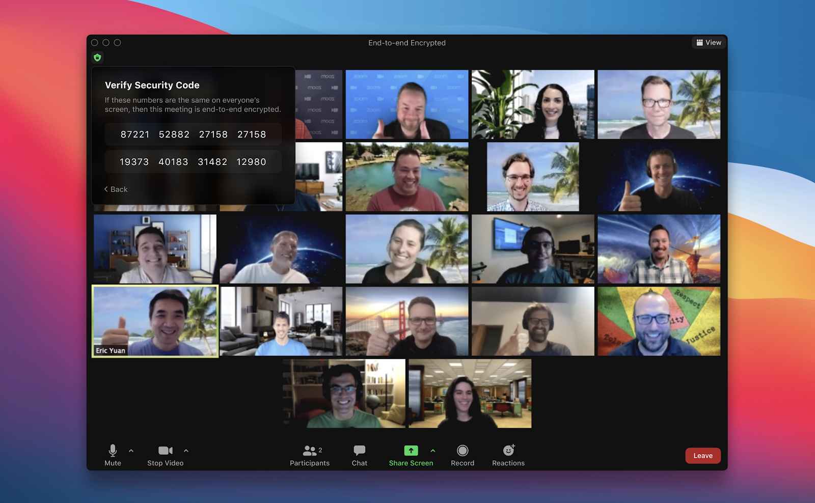 22 people in a meeting using Zoom video conferencing software with end-to-end encryption