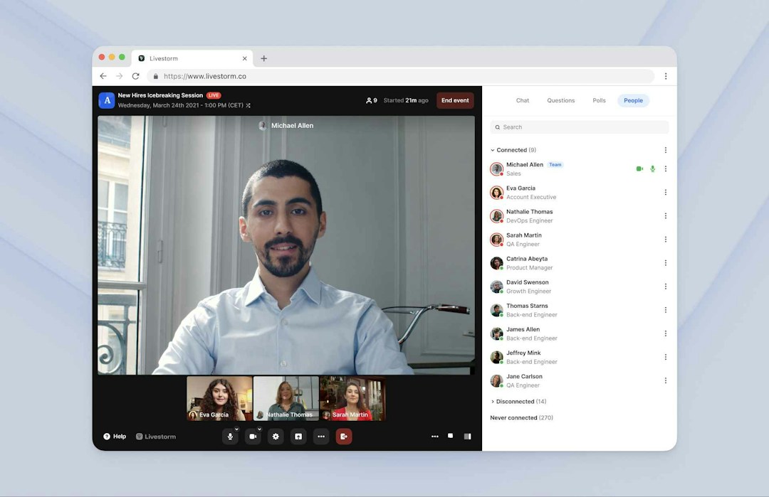 People attending an online meeting on Livestorm, a browser-based video conferencing software
