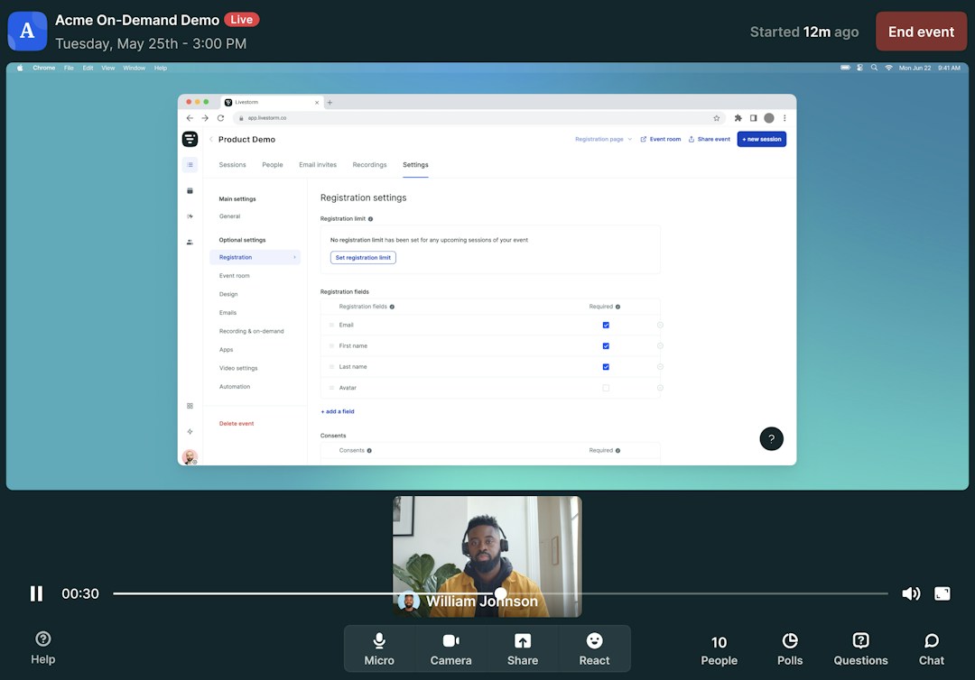 Livestorm on demand, automated webinar with a single speaker on stage