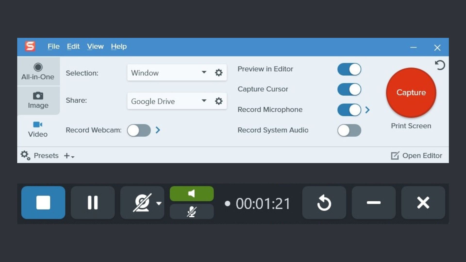 Snagit preferences bar for recording webinars