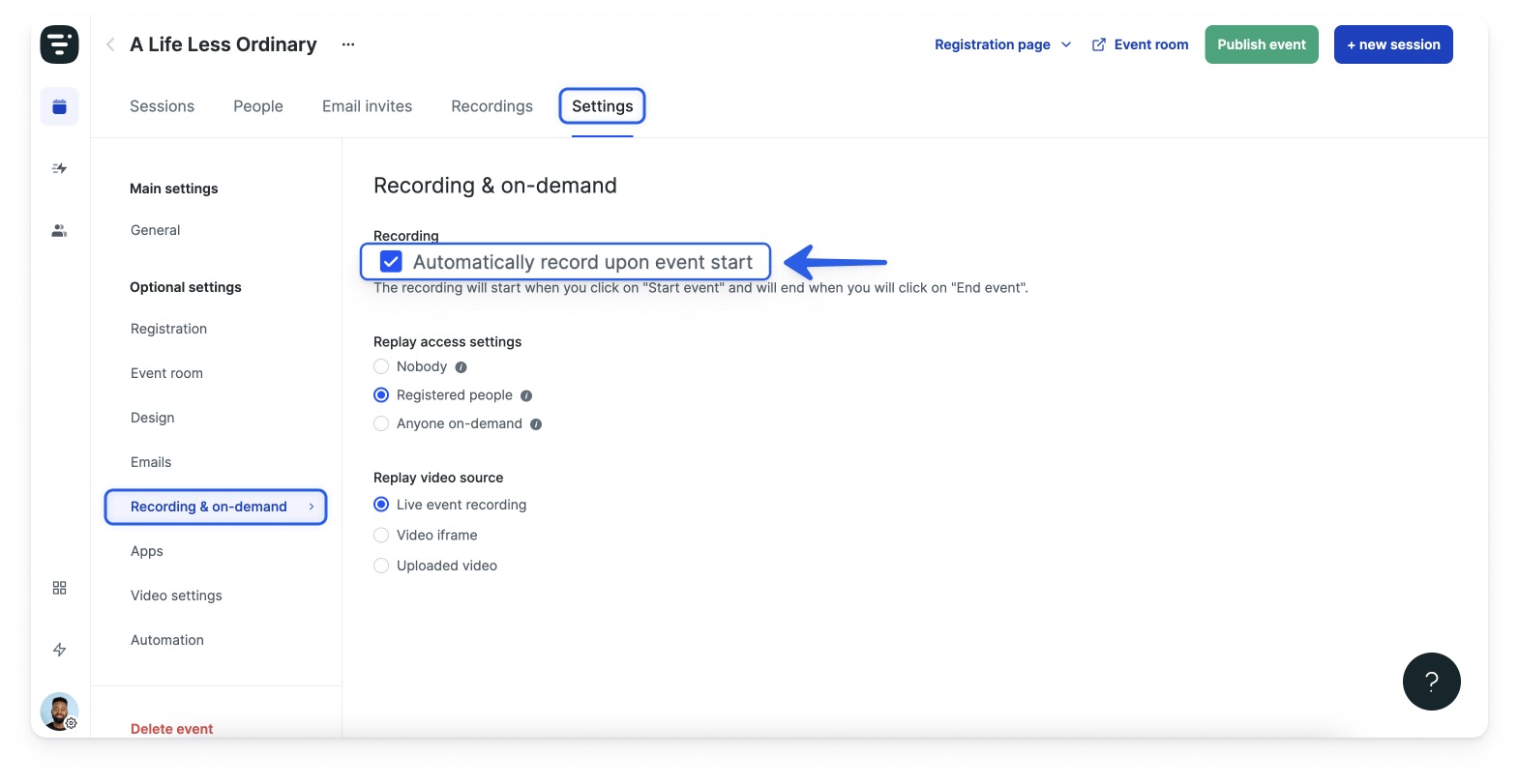 Livestorm on-demand and webinar recording settings