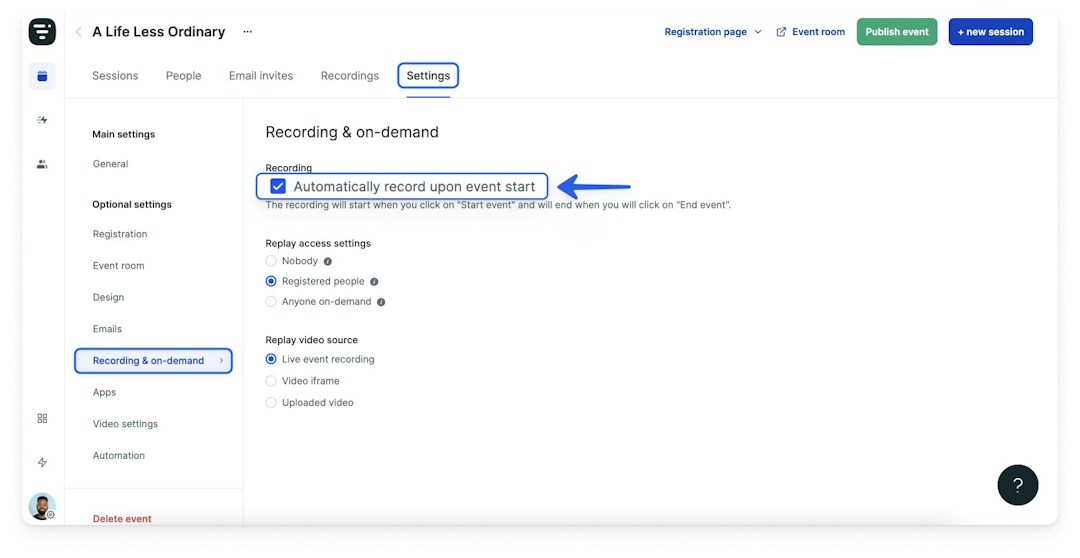 Livestorm on-demand and webinar recording settings