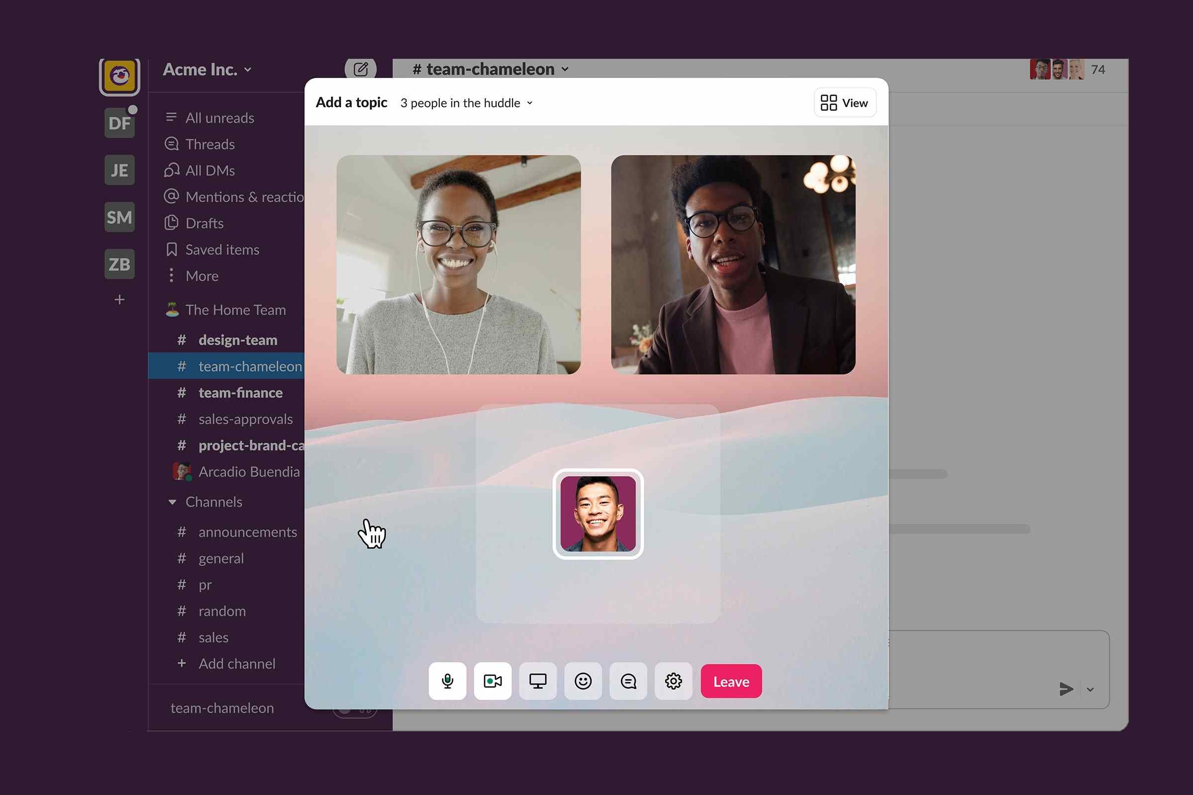 three employees in a huddle on one of the top 10 online meeting apps, Slack