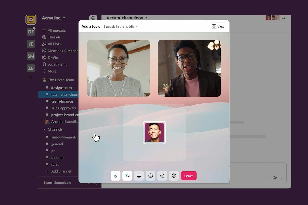 three employees in a huddle on one of the top 10 online meeting apps, Slack
