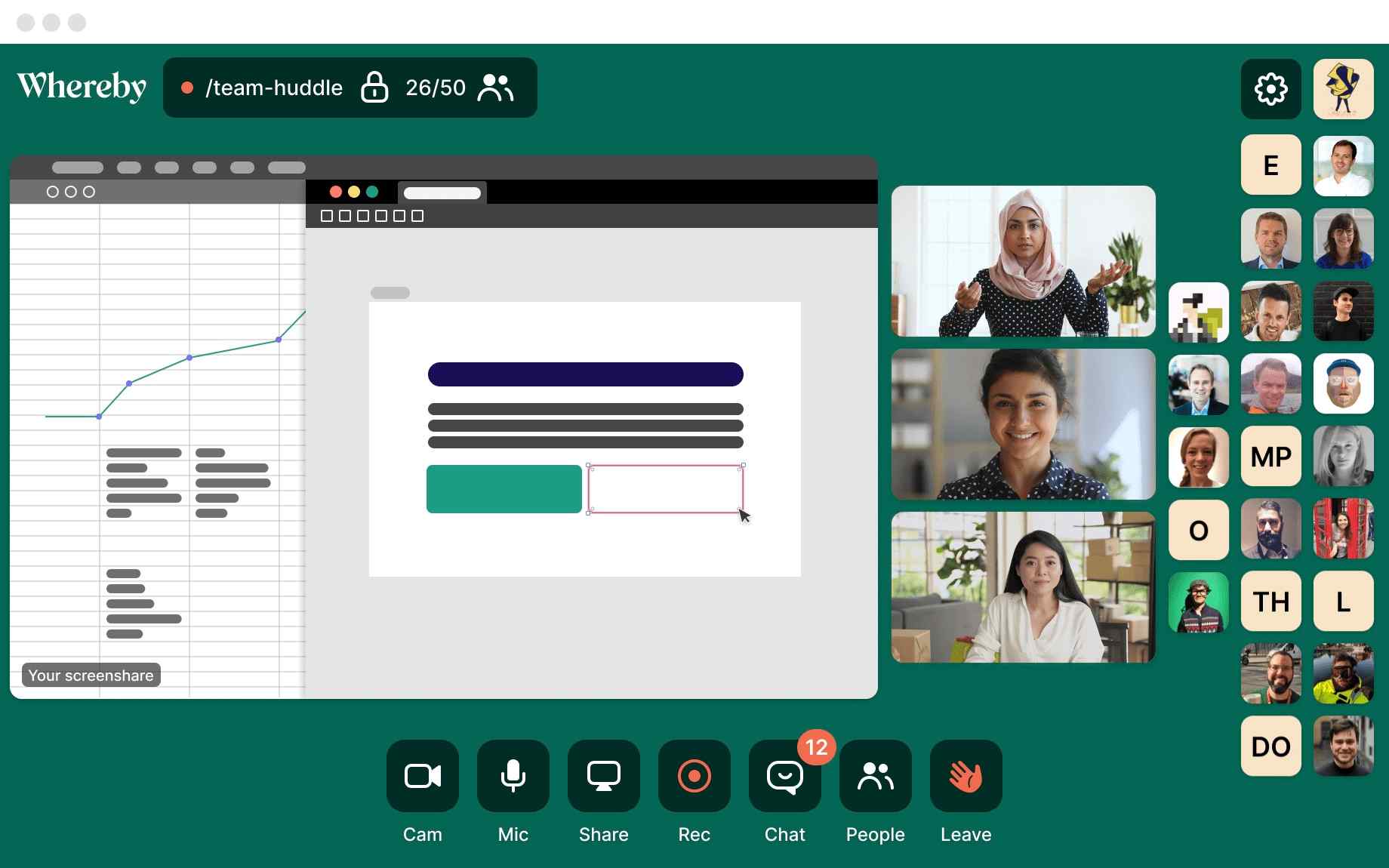 a team huddle on the virtual meeting app Whereby