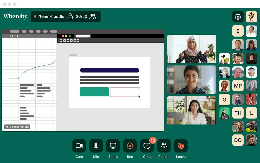 a team huddle on the virtual meeting app Whereby