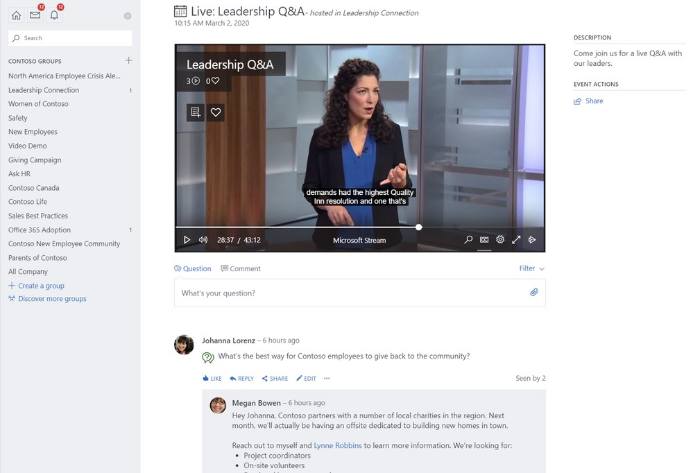 woman delivering an online event presentation on the video meeting app Yammer