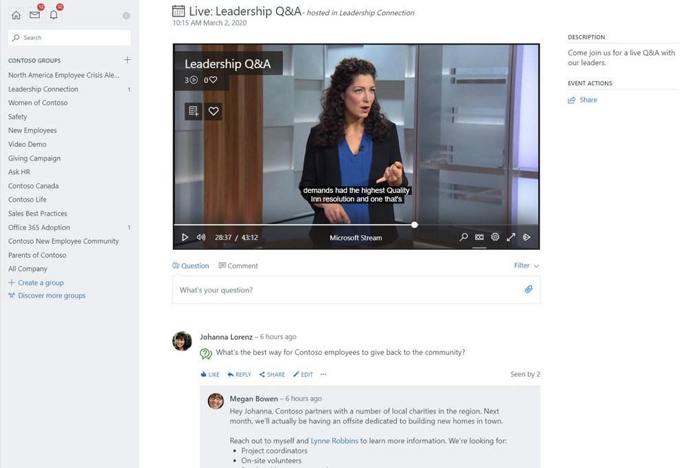 woman delivering an online event presentation on the video meeting app Yammer