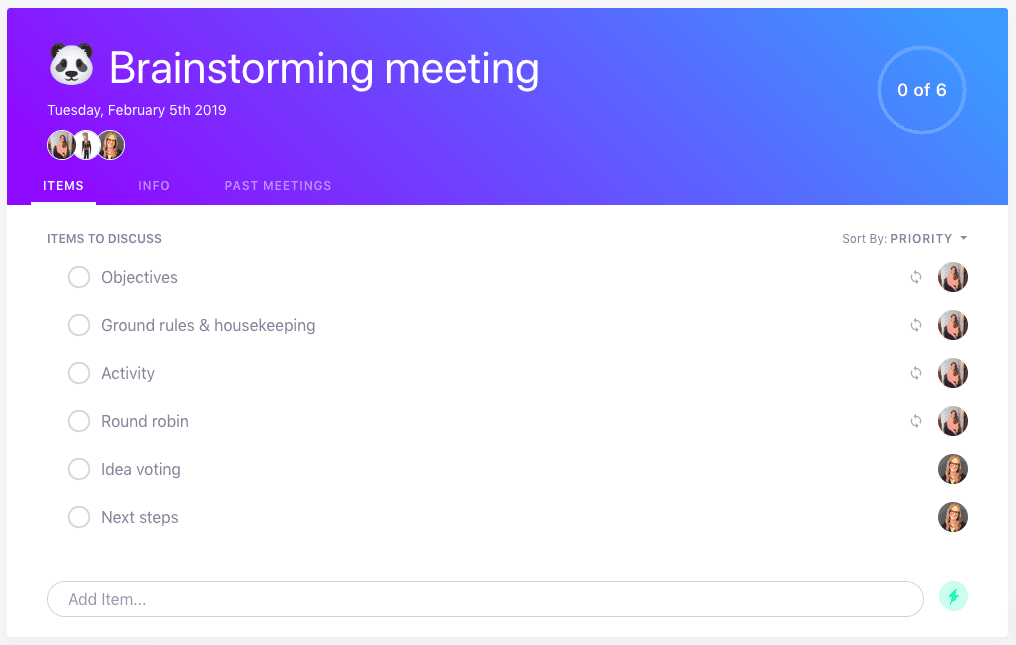 Brainstorm meeting agenda example from Hypercontext