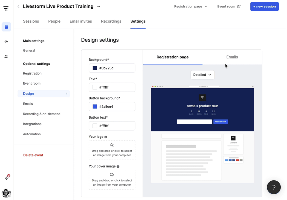 Livestorm webinar landing page design settings.