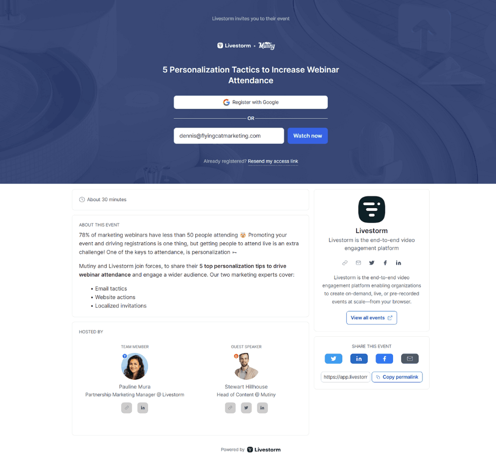 Example of a webinar landing page from Livestorm with social media links.