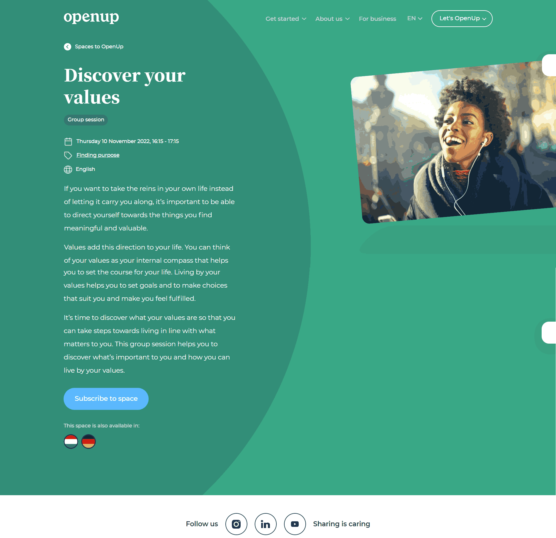 Webinar landing page example from OpenUp, a mental health platform.