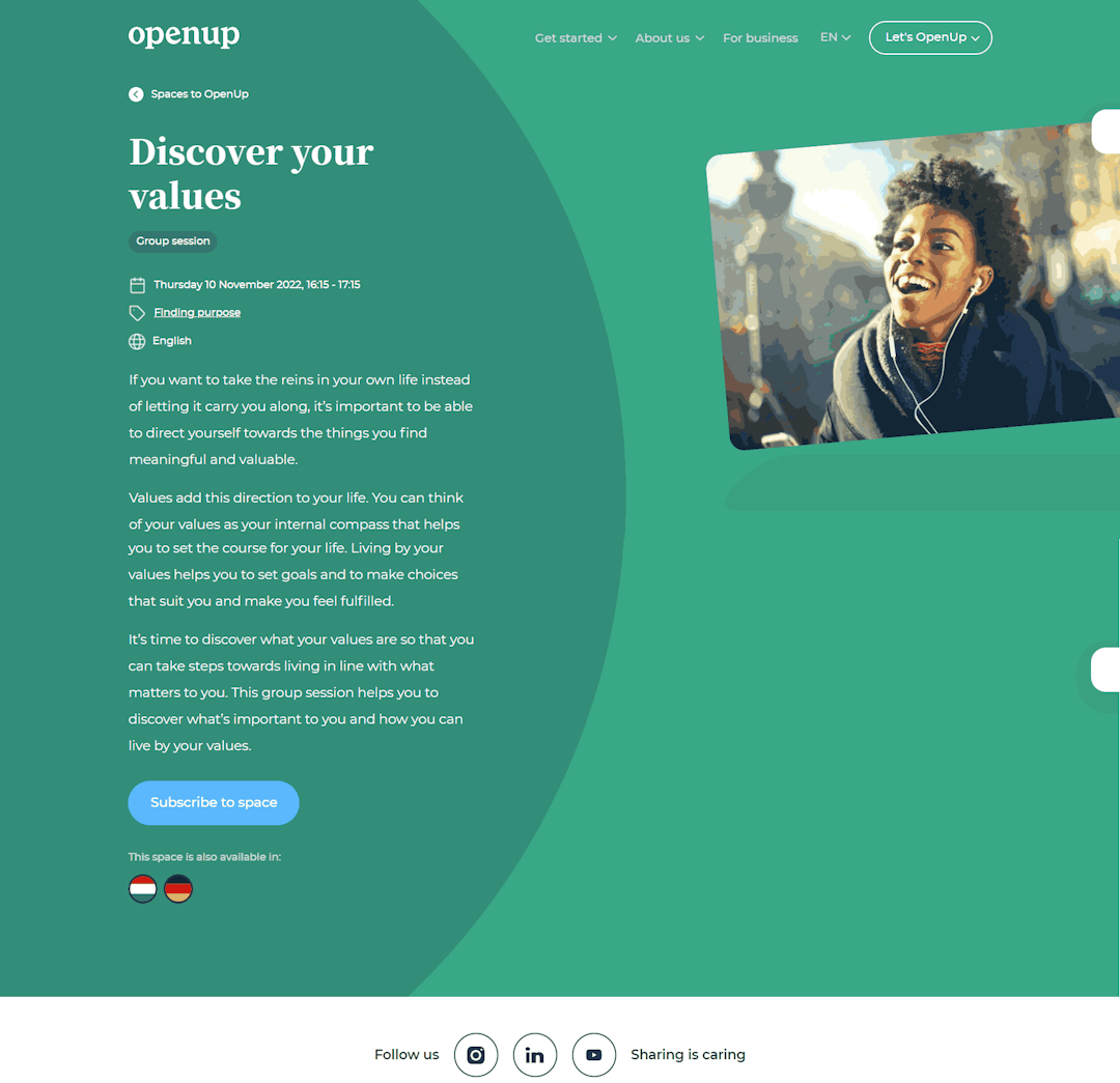 Webinar landing page example from OpenUp, a mental health platform.