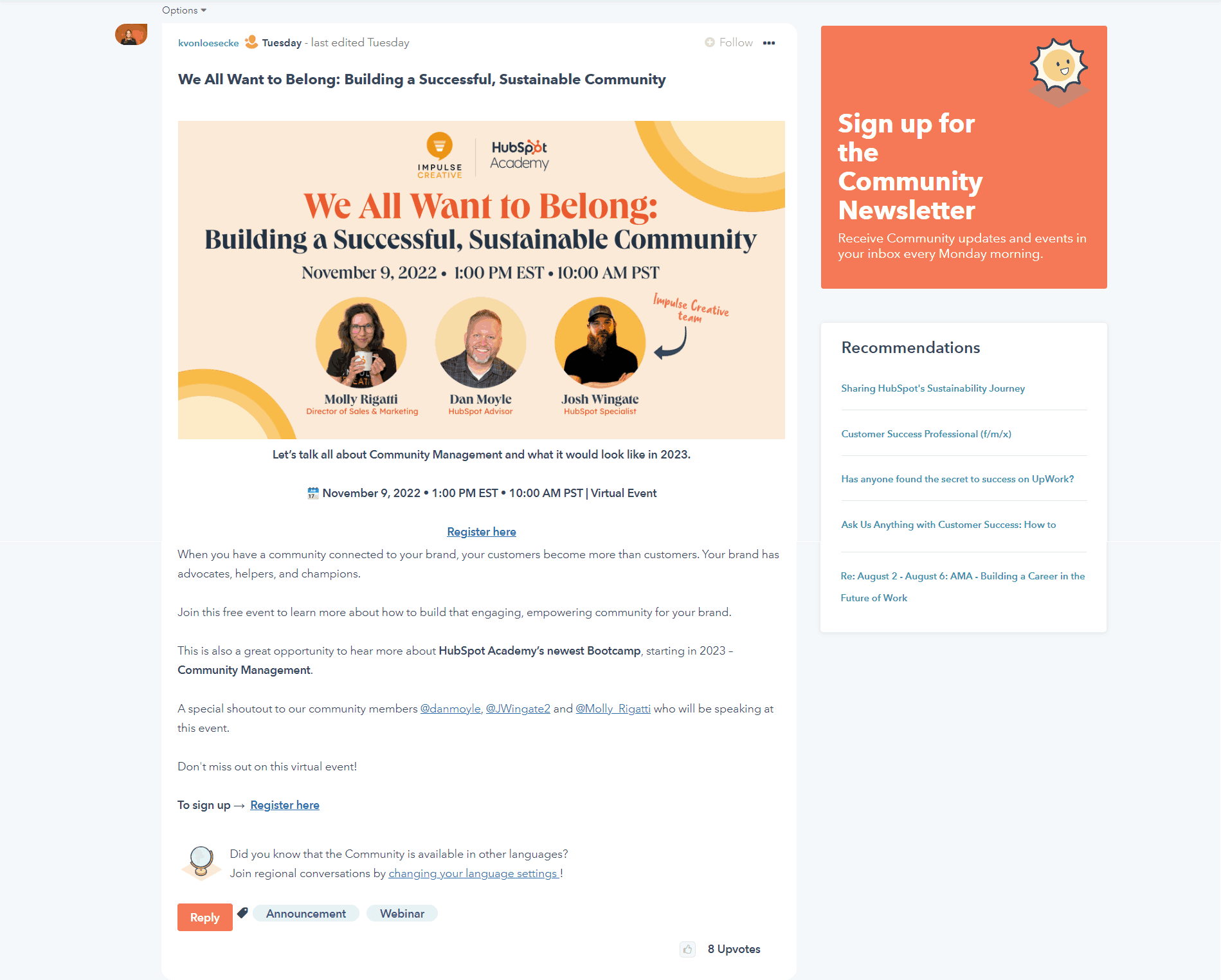 A landing page from Hubspot about building sustainable communities, showcasing multiple CTAs.