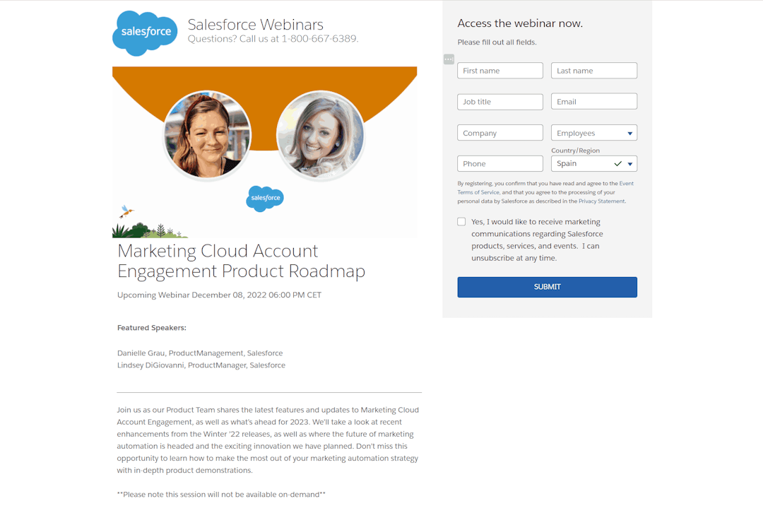 An example of a webinar landing page from Salesforce that uses headshots to great effect.