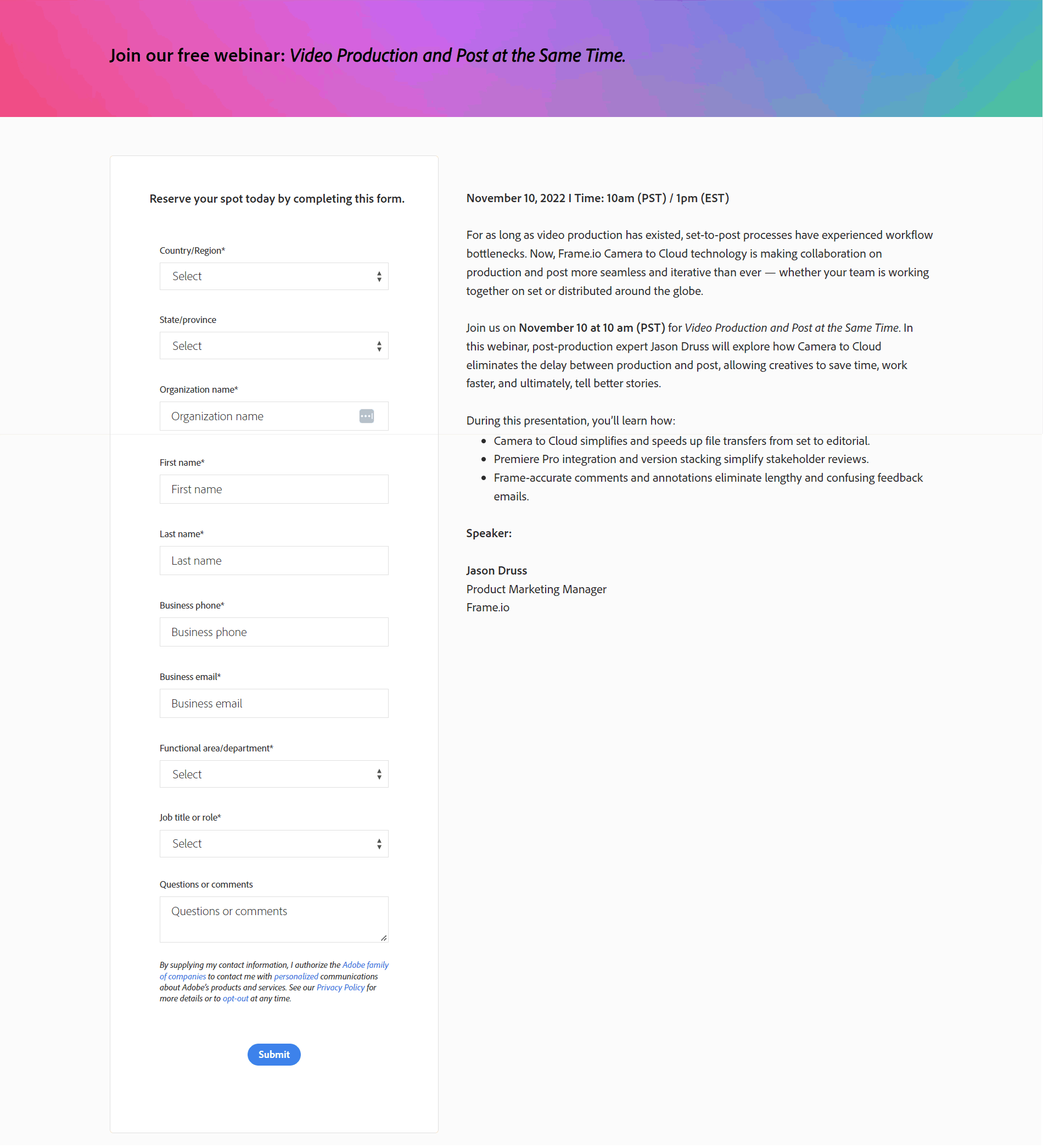A Frame.io webinar landing page with a long registration form.