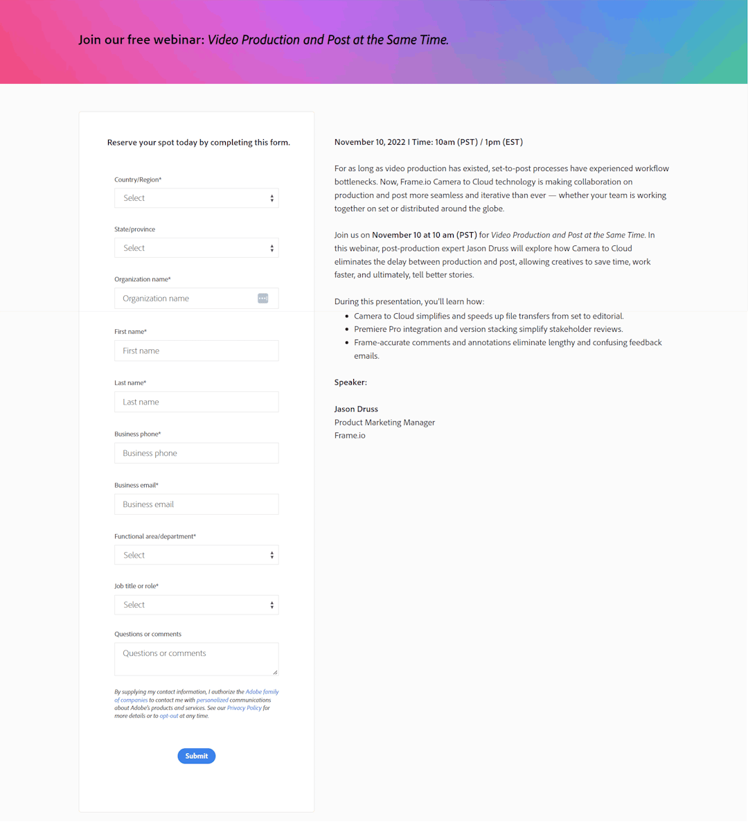 A Frame.io webinar landing page with a long registration form.