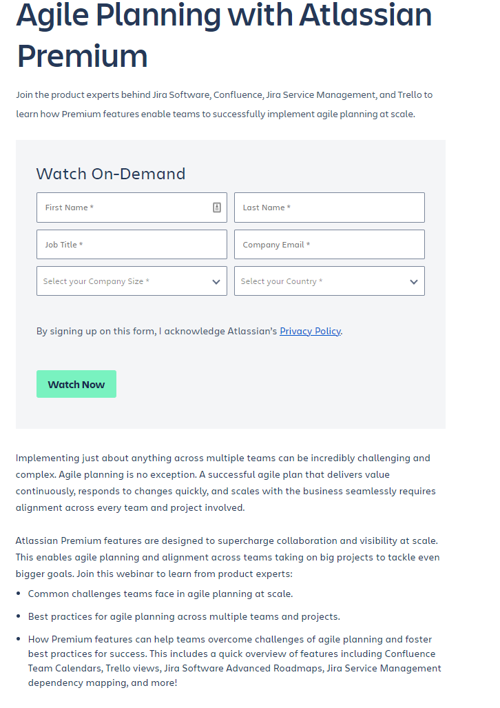 A webinar landing page from Atlassian with a bright call to action that stands out.