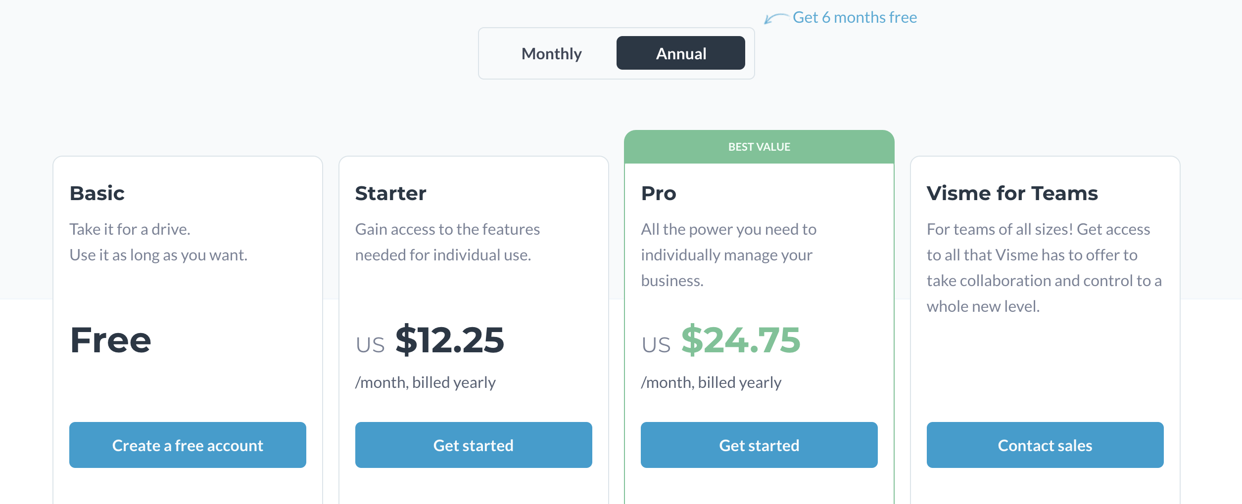 Pricing plans for event marketing platform Visme