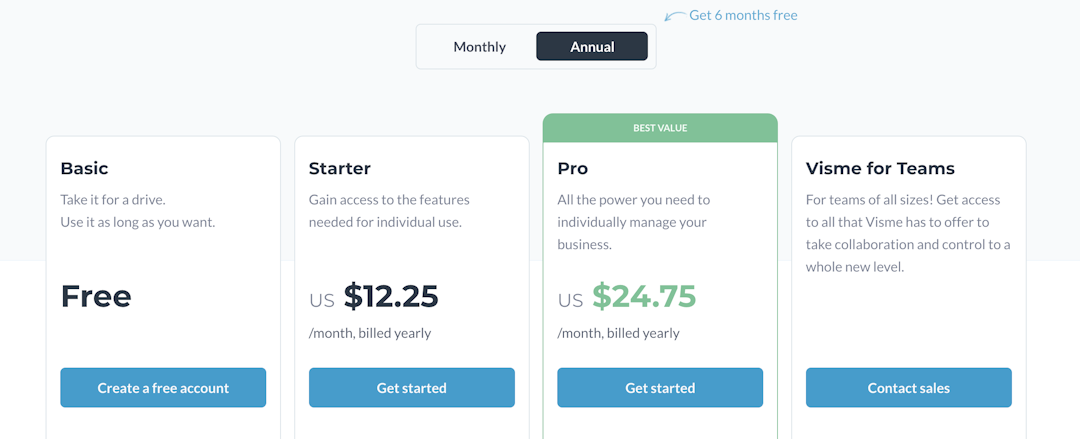 Pricing plans for event marketing platform Visme