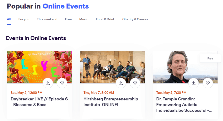 List of events on event marketing tool Eventbrite