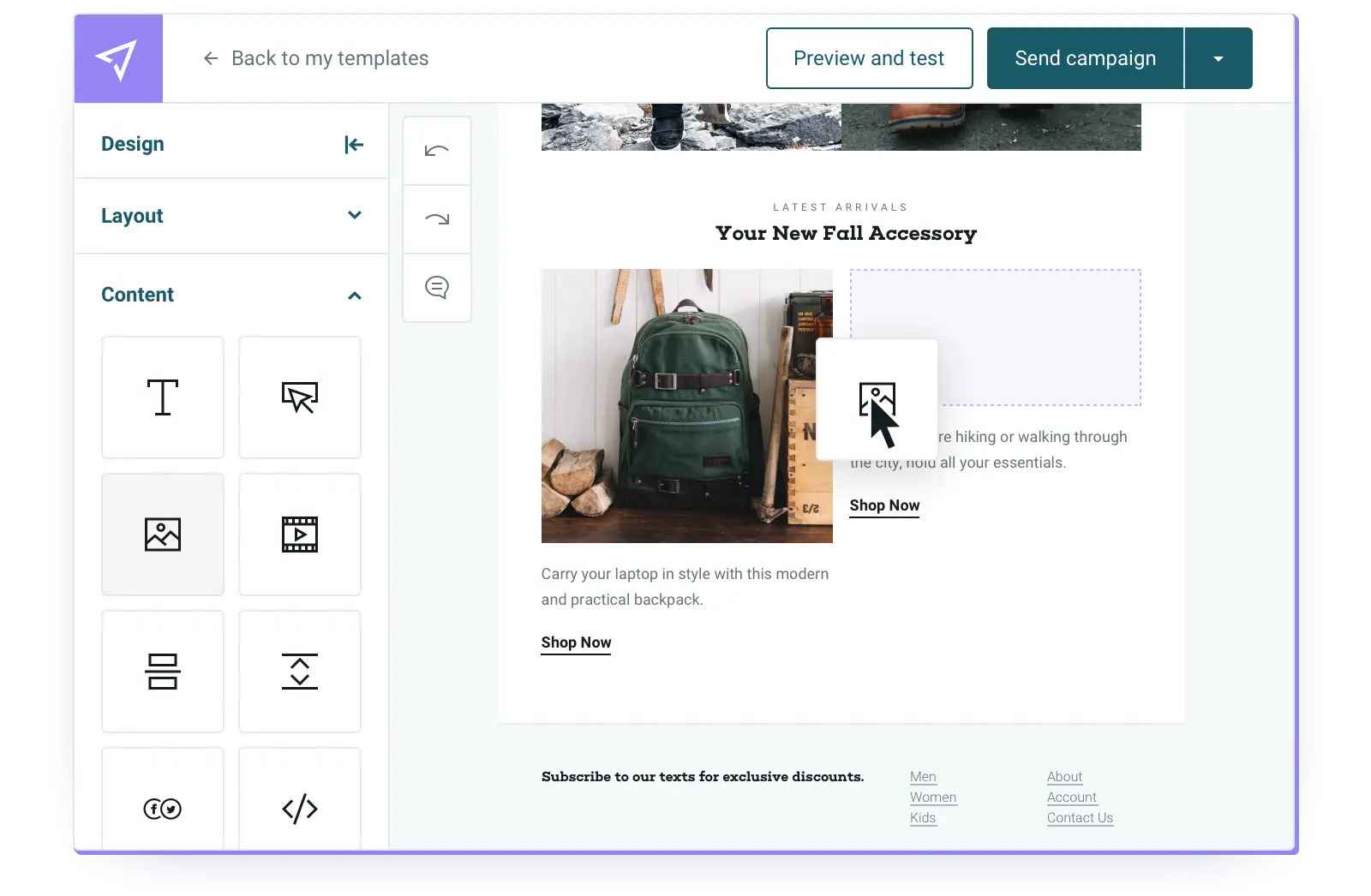 Drag-and-drop email editor by event marketing software Mailjet