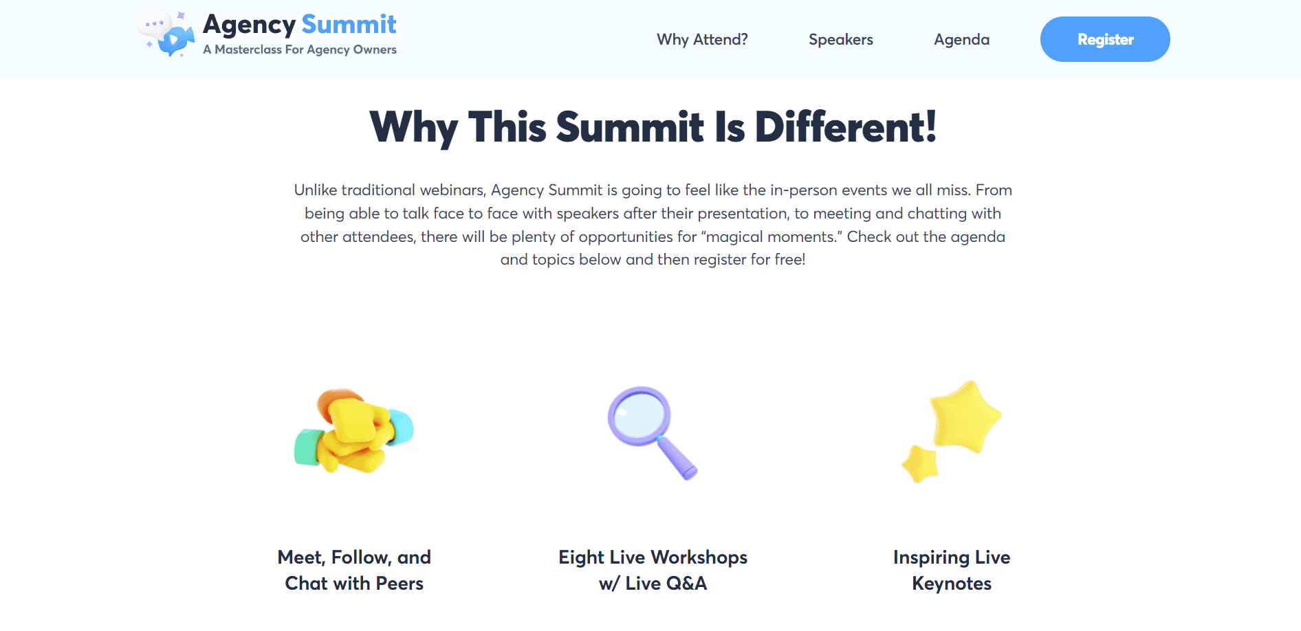 Landing page for the Agency Summit with text explaining the online format of the event