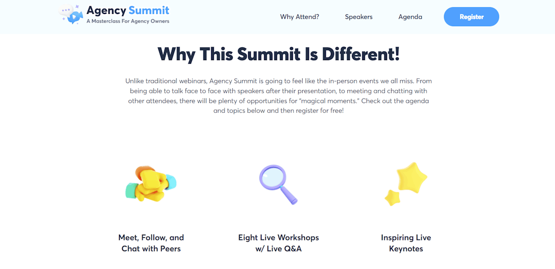 Landing page for the Agency Summit with text explaining the online format of the event