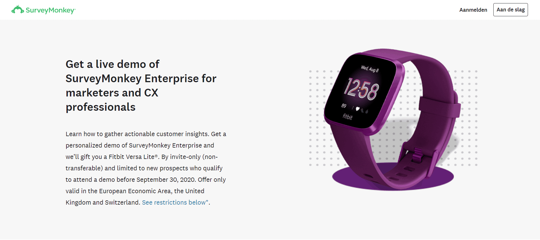 The registration page for SurveyMonkey’s deminar marketing strategy with a photo of a purple Fitbit and text explaining the giveaway.