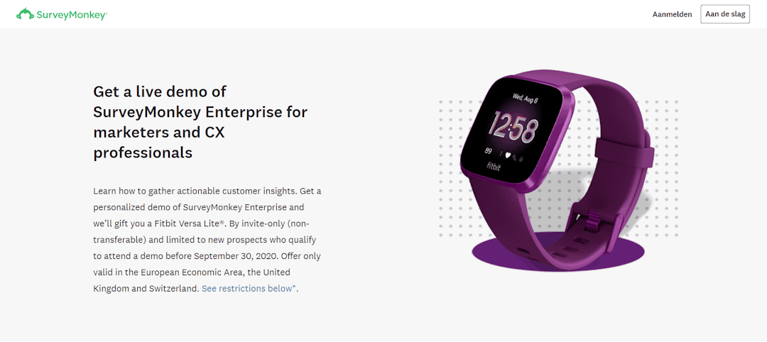 The registration page for SurveyMonkey’s deminar marketing strategy with a photo of a purple Fitbit and text explaining the giveaway.