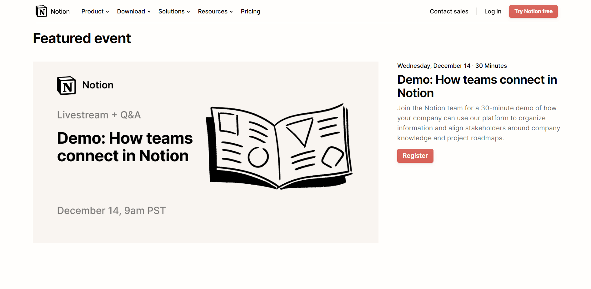The Notion website highlighting their interactive product demo online sessions titled ‘Demo: How teams connect in Notion.