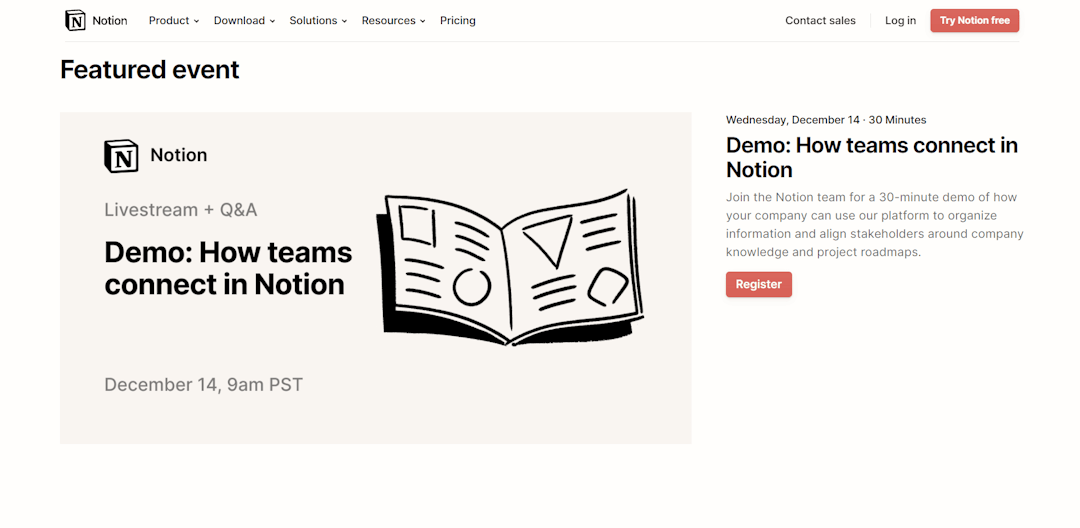 The Notion website highlighting their interactive product demo online sessions titled ‘Demo: How teams connect in Notion.