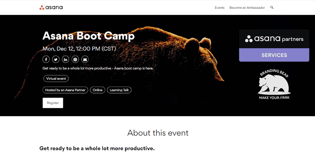 The registration page for the Asana Boot Camp with a large image of a bear, representing their partnership with the company Branding Bear.