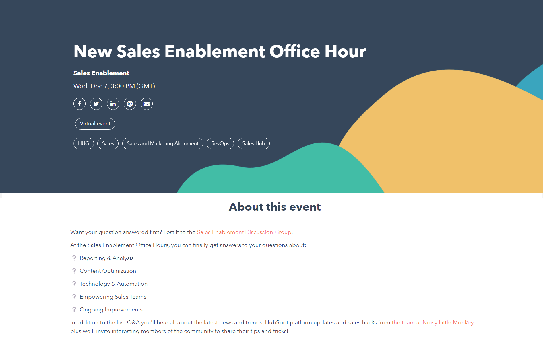 The Hubspot workshop event registration page with an illustration of formless colors and basic information.