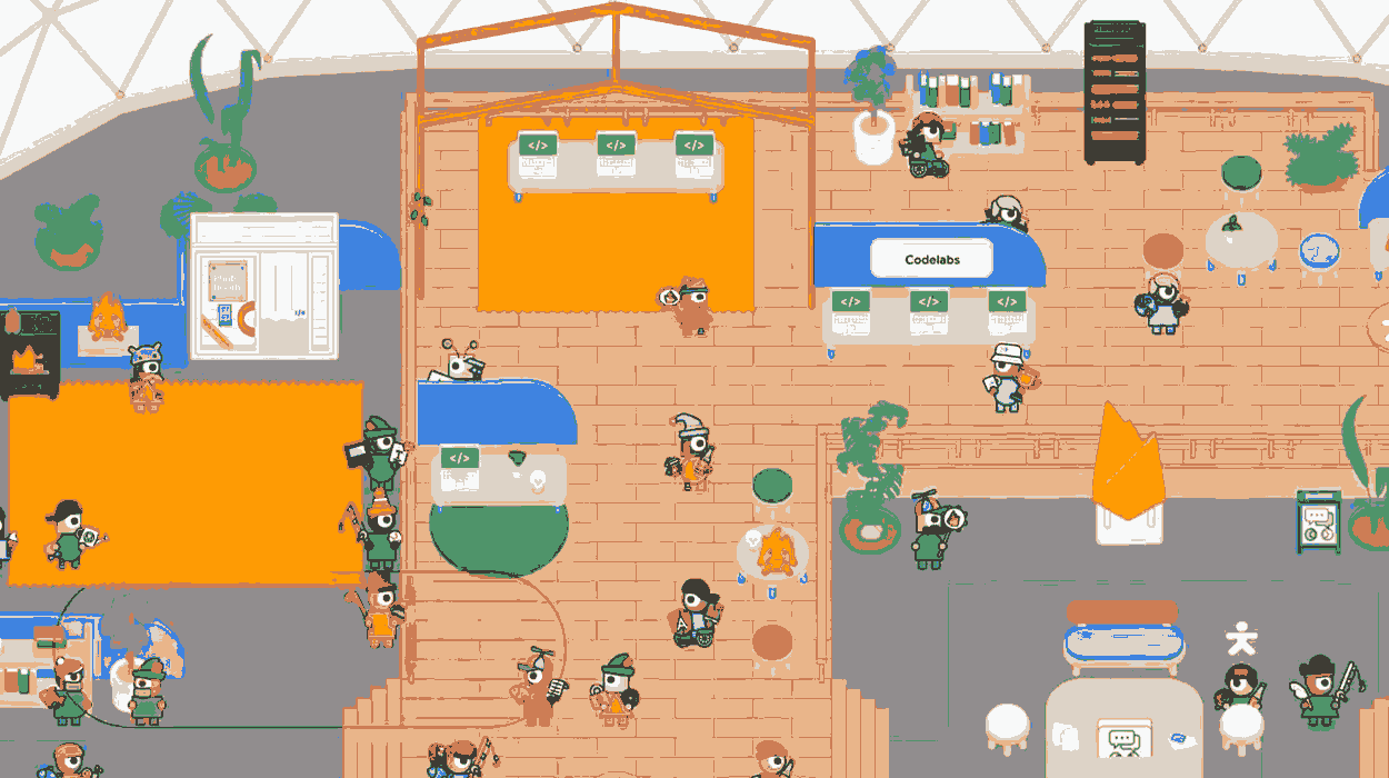 Character avatars navigating a virtual version of the Google I/O conference in real time.