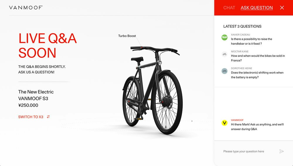 The Q&A section of the S3 live event, with an image of the bicycle and a chat widget.
