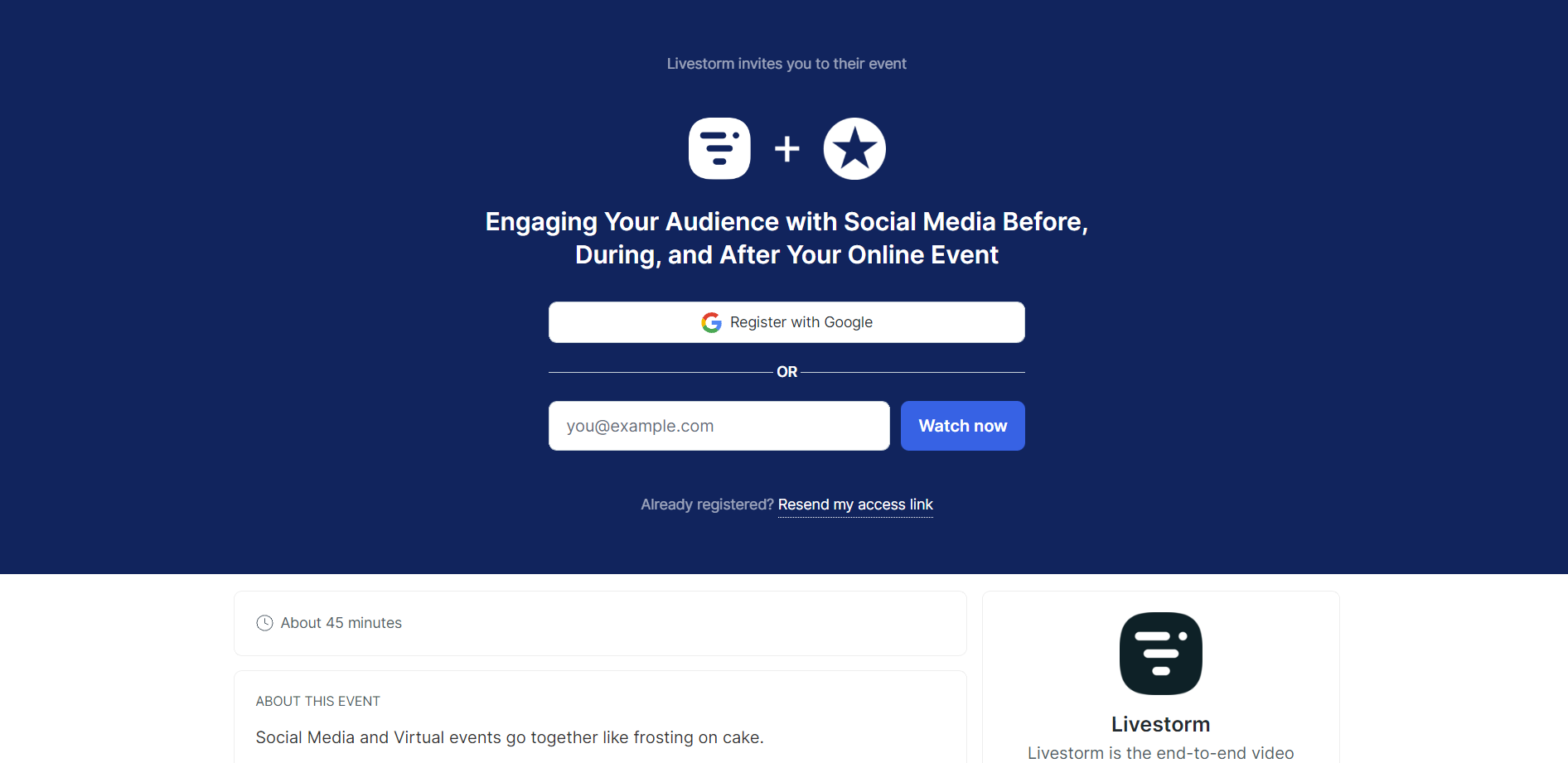 The registration page for Livestorm and Mention’s webinar about using social media and online events, with an email field form, call to action, and general event information.
