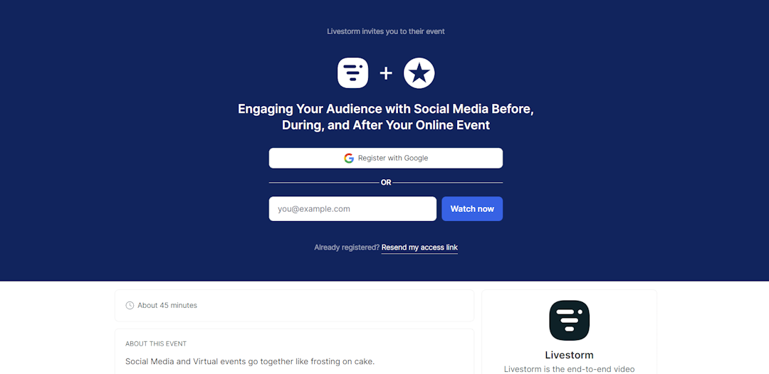 The registration page for Livestorm and Mention’s webinar about using social media and online events, with an email field form, call to action, and general event information.