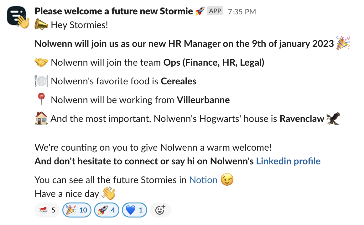 Message d'accueil Slack onboarding RH
