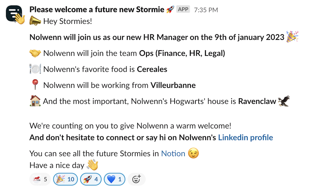 Message d'accueil Slack onboarding RH