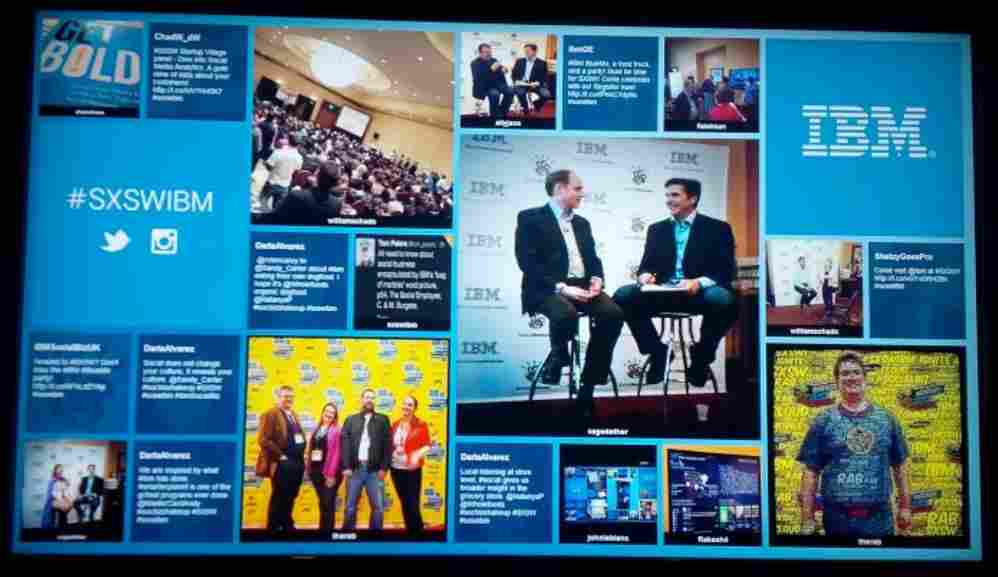 A live social media wall by IBM at South by Southwest showing photos of attendees posing in front of backdrops and tweets.