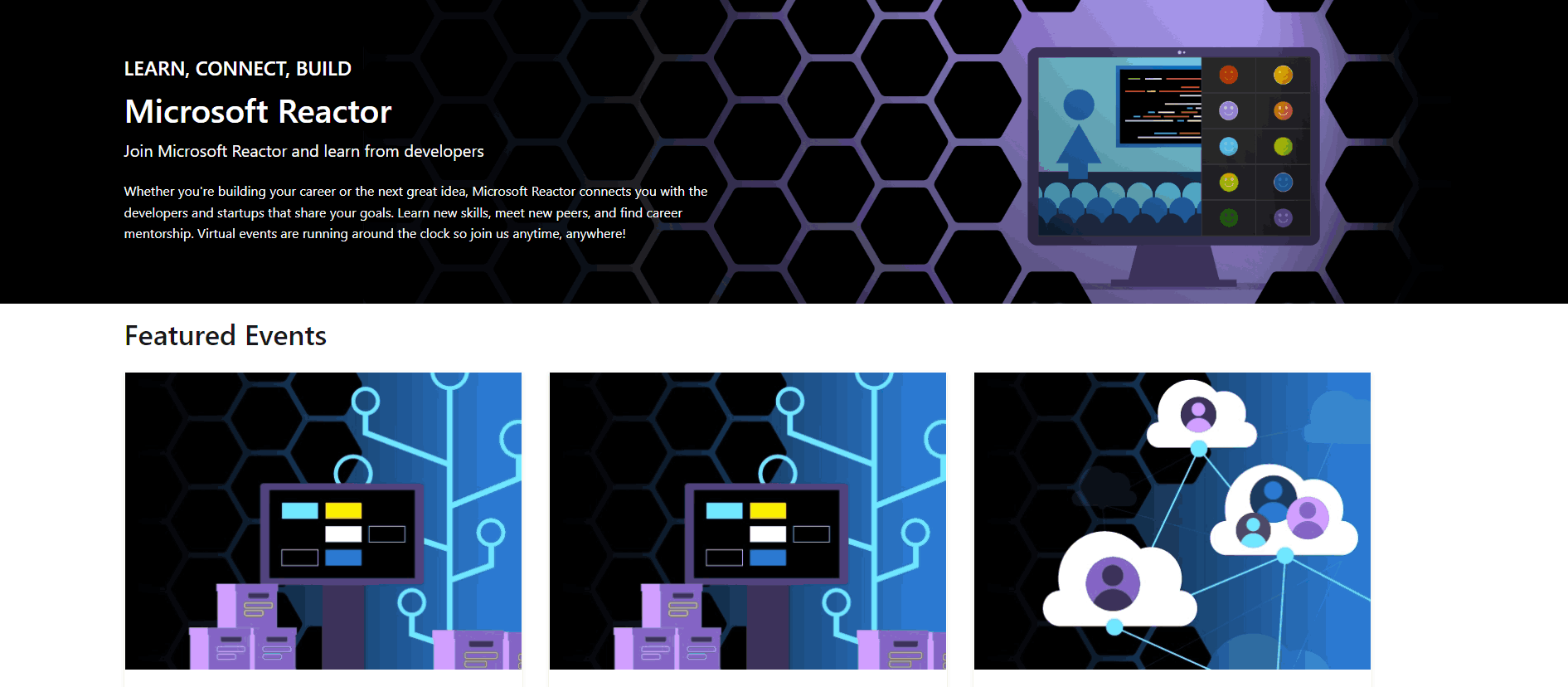 The landing page for the event series Microsoft Reactor with illustrations of the digital world and a list of featured events.