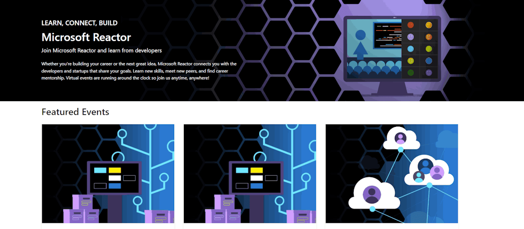 The landing page for the event series Microsoft Reactor with illustrations of the digital world and a list of featured events.