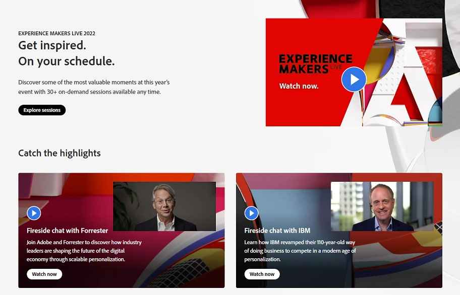 The landing page for the Adobe Experience Markers Live 2022 event with several on-demand videos.