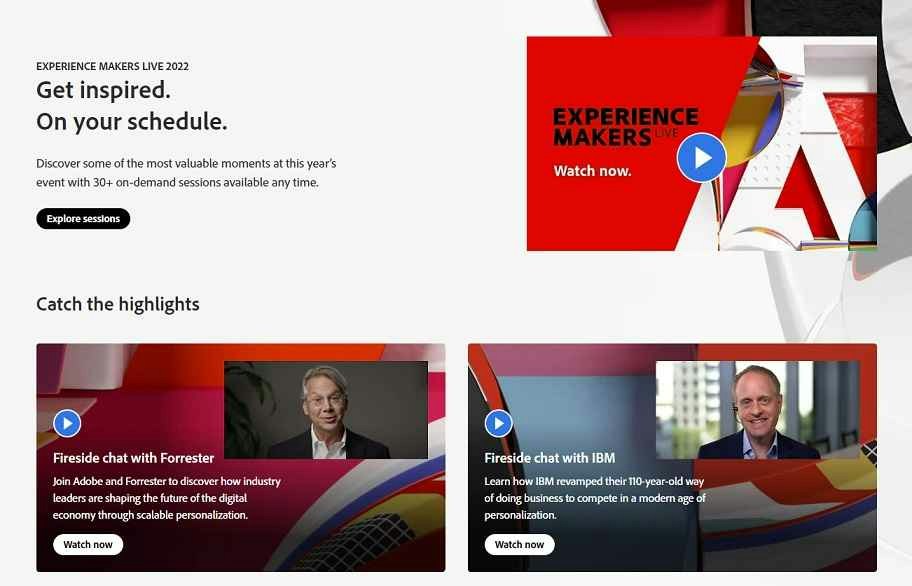 The landing page for the Adobe Experience Markers Live 2022 event with several on-demand videos.